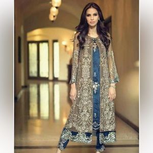 blue and brown 3 piece evening gown.